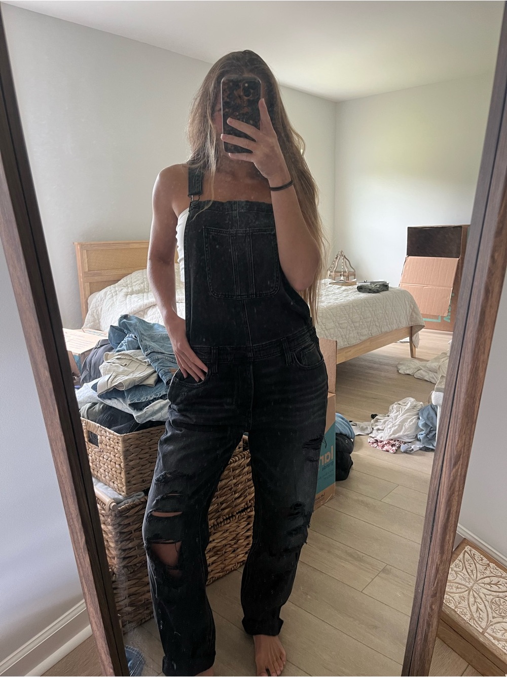 Black Distressed Denim Overalls for Women